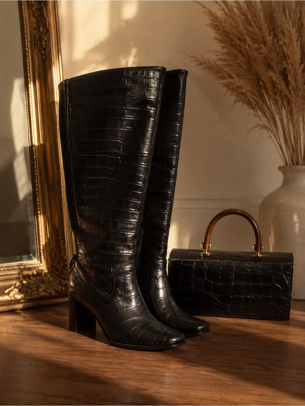 Anne Klein Sport Black Croc-Embossed Over-the-Knee Boots with matching handbag